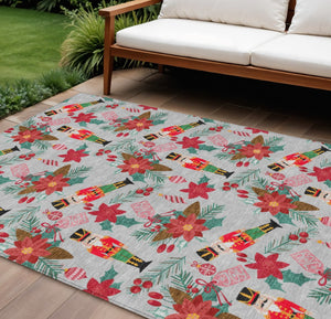 HomeRoots 8' Indoor Outdoor Floral Area Rug in Vibrant Silver, Red, Black, Pink & Brown - Durable & Washable! 621595