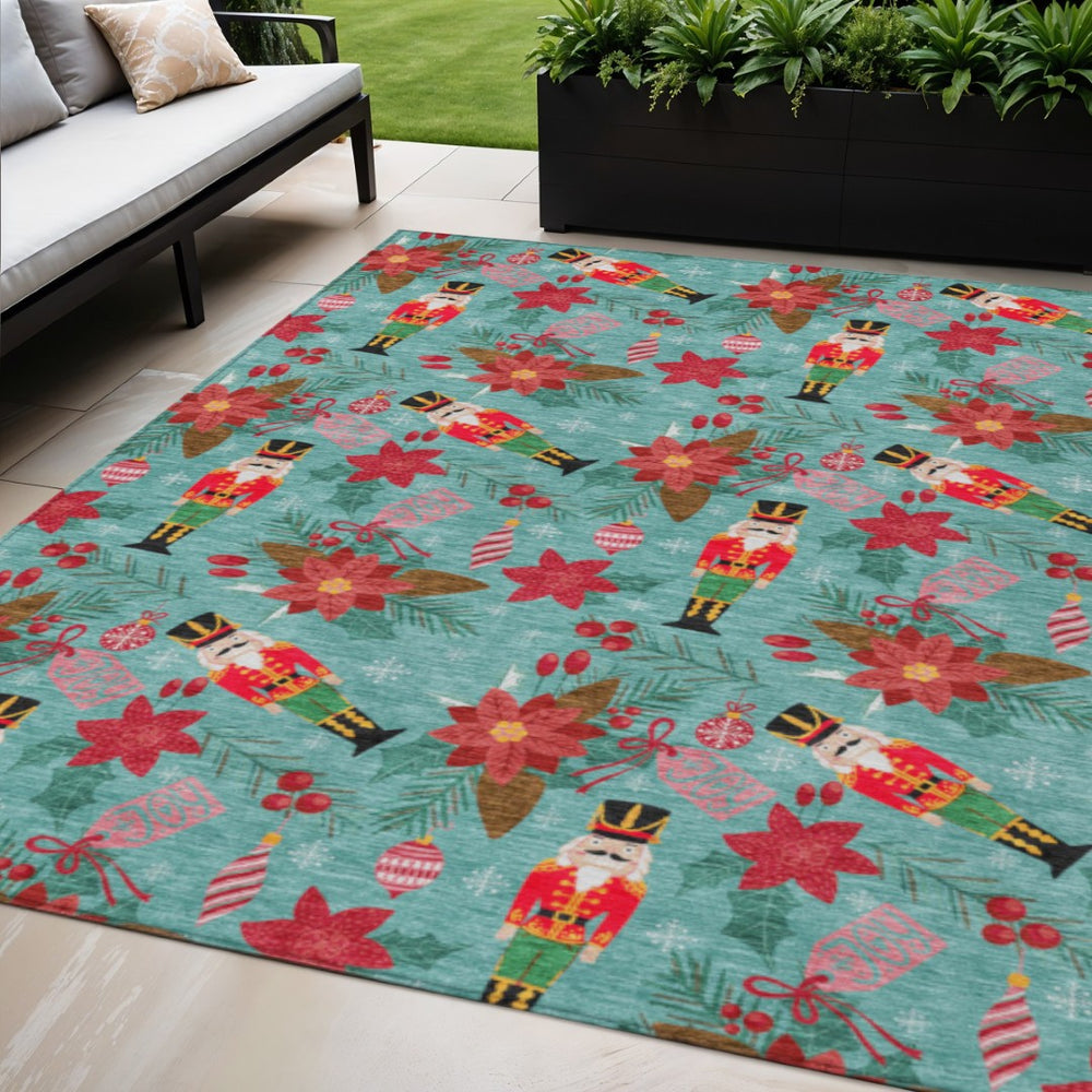 HomeRoots 5' Vibrant Floral Washable Area Rug in Teal, Blue, Red, Black, Pink & Brown for Indoor/Outdoor Use 621599