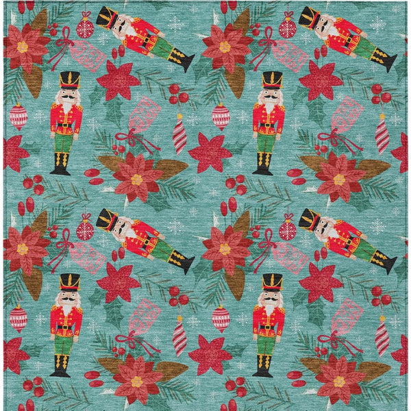 HomeRoots 5' Vibrant Floral Washable Area Rug in Teal, Blue, Red, Black, Pink & Brown for Indoor/Outdoor Use 621599