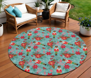 HomeRoots 8' Vibrant Teal Blue Round Floral Area Rug - Washable, Durable, Perfect for Indoor & Outdoor Spaces 621600