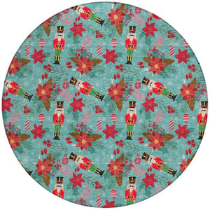 HomeRoots 8' Vibrant Teal Blue Round Floral Area Rug - Washable, Durable, Perfect for Indoor & Outdoor Spaces 621600
