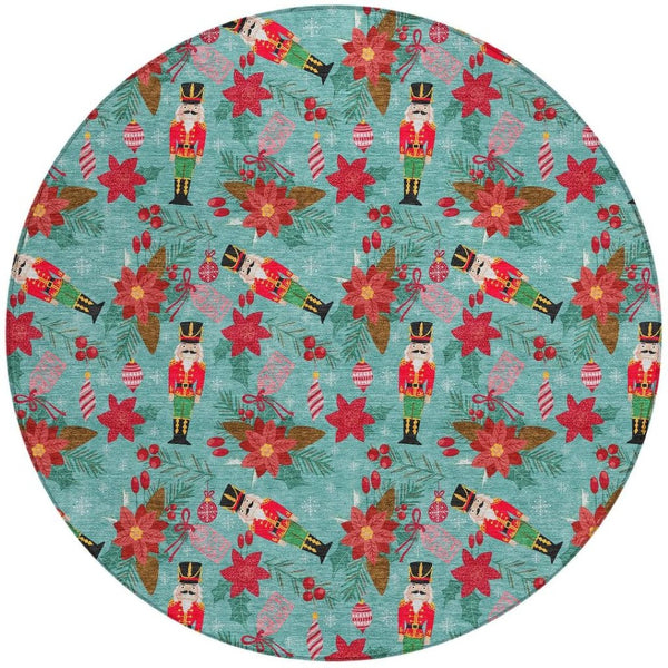 HomeRoots 8' Vibrant Teal Blue Round Floral Area Rug - Washable, Durable, Perfect for Indoor & Outdoor Spaces 621600