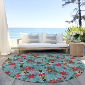 HomeRoots 8' Vibrant Teal Blue Round Floral Area Rug - Washable, Durable, Perfect for Indoor & Outdoor Spaces 621600