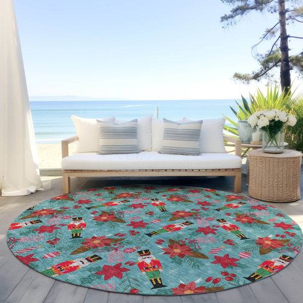 HomeRoots 8' Vibrant Teal Blue Round Floral Area Rug - Washable, Durable, Perfect for Indoor & Outdoor Spaces 621600