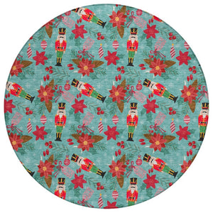 HomeRoots 8' Vibrant Teal Blue Round Floral Area Rug - Washable, Durable, Perfect for Indoor & Outdoor Spaces 621600