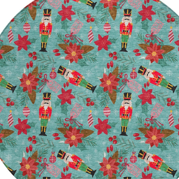 HomeRoots 8' Vibrant Teal Blue Round Floral Area Rug - Washable, Durable, Perfect for Indoor & Outdoor Spaces 621600