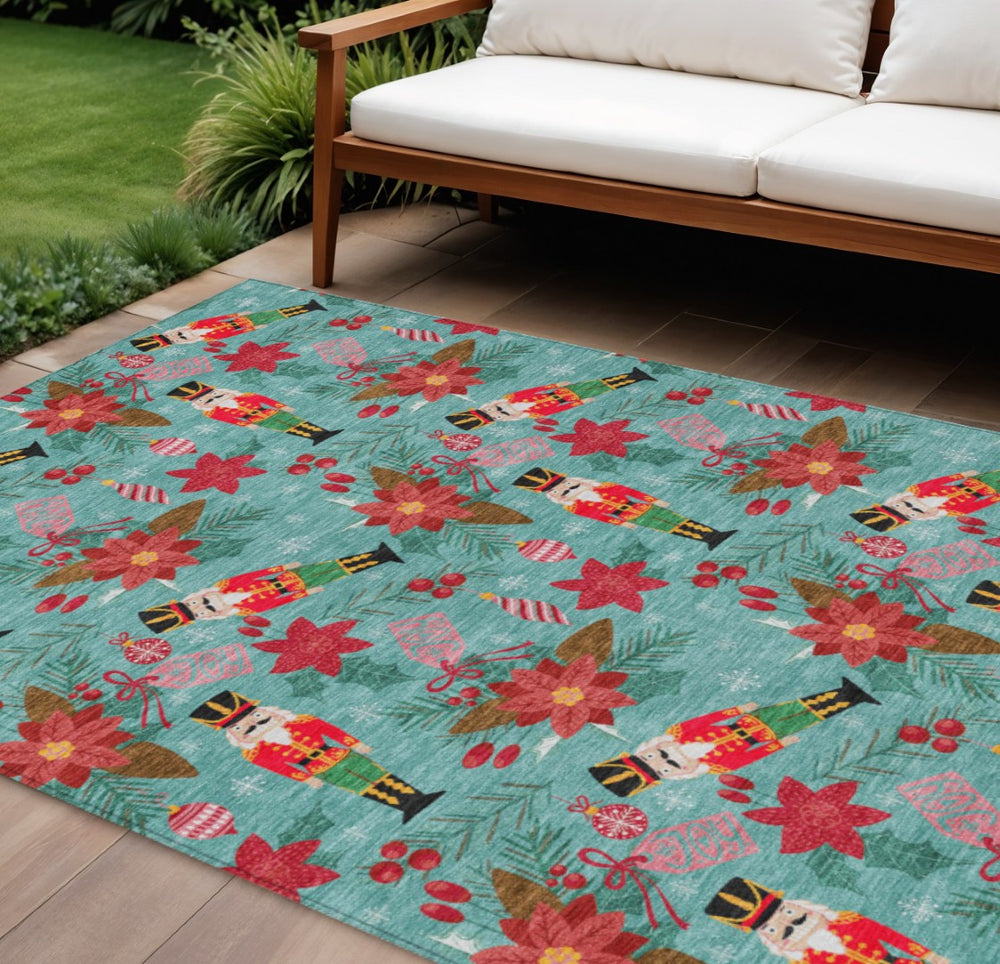 HomeRoots 10' Teal Blue Floral Area Rug - Durable, Washable & Stylish for Indoor/Outdoor Spaces, 10x14 ft. 621603