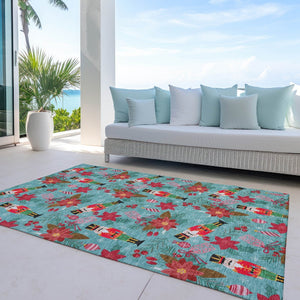 HomeRoots 10' Teal Blue Floral Area Rug - Durable, Washable & Stylish for Indoor/Outdoor Spaces, 10x14 ft. 621603