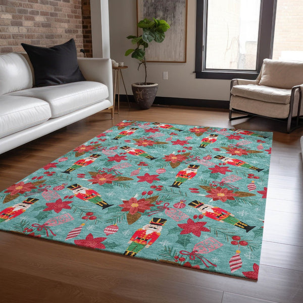 HomeRoots 10' Teal Blue Floral Area Rug - Durable, Washable & Stylish for Indoor/Outdoor Spaces, 10x14 ft. 621603