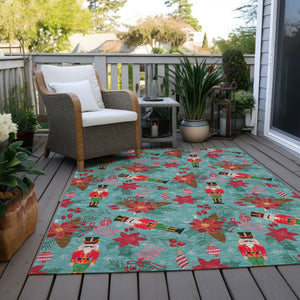 HomeRoots 10' Teal Blue Floral Area Rug - Durable, Washable & Stylish for Indoor/Outdoor Spaces, 10x14 ft. 621603