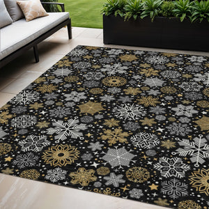 HomeRoots 5' X 8' Elegant Black Gold Gray Snowflake Rug - Washable, Durable, Indoor/Outdoor Versatile Style 621611