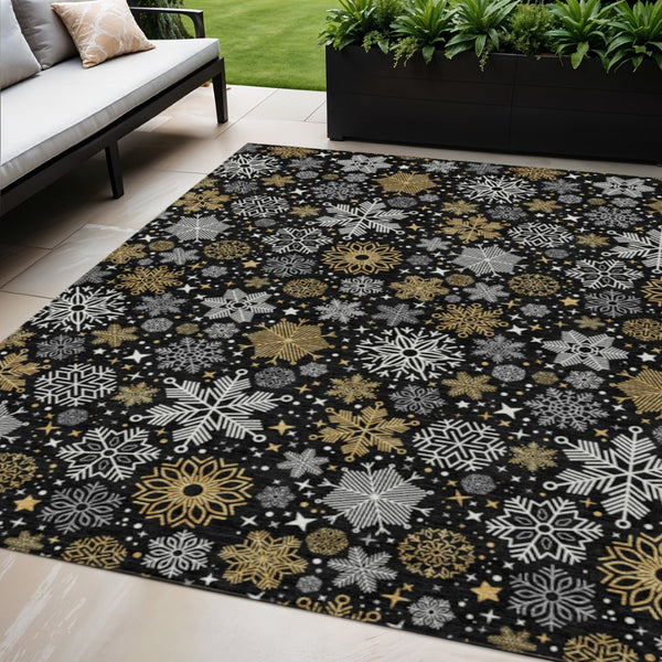 HomeRoots 5' X 8' Elegant Black Gold Gray Snowflake Rug - Washable, Durable, Indoor/Outdoor Versatile Style 621611