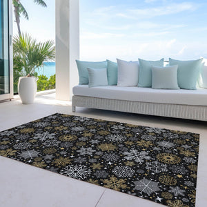 HomeRoots 5' X 8' Elegant Black Gold Gray Snowflake Rug - Washable, Durable, Indoor/Outdoor Versatile Style 621611