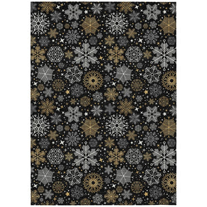 HomeRoots 5' X 8' Elegant Black Gold Gray Snowflake Rug - Washable, Durable, Indoor/Outdoor Versatile Style 621611
