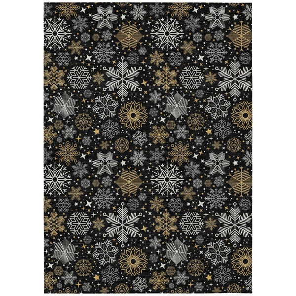 HomeRoots 5' X 8' Elegant Black Gold Gray Snowflake Rug - Washable, Durable, Indoor/Outdoor Versatile Style 621611