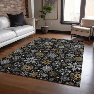 HomeRoots 5' X 8' Elegant Black Gold Gray Snowflake Rug - Washable, Durable, Indoor/Outdoor Versatile Style 621611