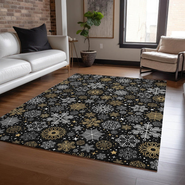 HomeRoots 5' X 8' Elegant Black Gold Gray Snowflake Rug - Washable, Durable, Indoor/Outdoor Versatile Style 621611