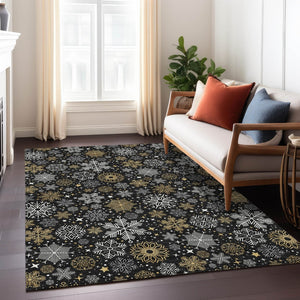 HomeRoots 5' X 8' Elegant Black Gold Gray Snowflake Rug - Washable, Durable, Indoor/Outdoor Versatile Style 621611