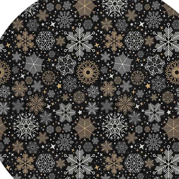 HomeRoots 8' Stylish Black Gold Gray Round Snowflake Washable Area Rug for Indoor & Outdoor Spaces 621612