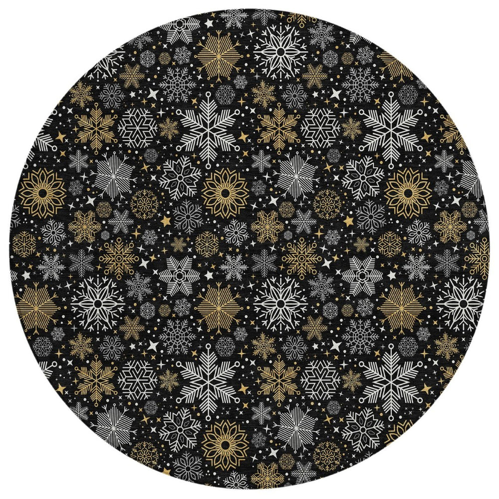 HomeRoots 8' Stylish Black Gold Gray Round Snowflake Washable Area Rug for Indoor & Outdoor Spaces 621612