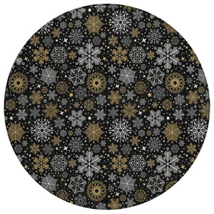 HomeRoots 8' Stylish Black Gold Gray Round Snowflake Washable Area Rug for Indoor & Outdoor Spaces 621612