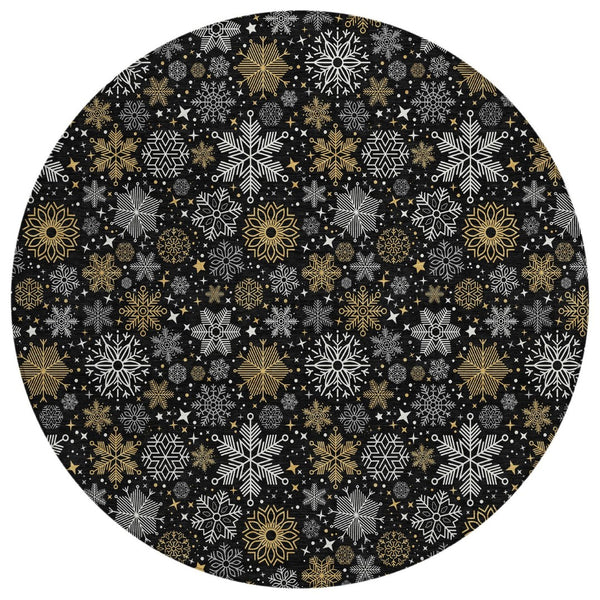 HomeRoots 8' Stylish Black Gold Gray Round Snowflake Washable Area Rug for Indoor & Outdoor Spaces 621612