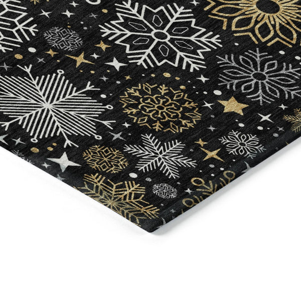 HomeRoots 8' Stylish Black Gold Gray Round Snowflake Washable Area Rug for Indoor & Outdoor Spaces 621612