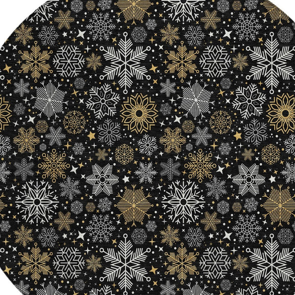 HomeRoots 8' Stylish Black Gold Gray Round Snowflake Washable Area Rug for Indoor & Outdoor Spaces 621612