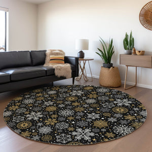 HomeRoots 8' Stylish Black Gold Gray Round Snowflake Washable Area Rug for Indoor & Outdoor Spaces 621612