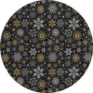 HomeRoots 8' Stylish Black Gold Gray Round Snowflake Washable Area Rug for Indoor & Outdoor Spaces 621612
