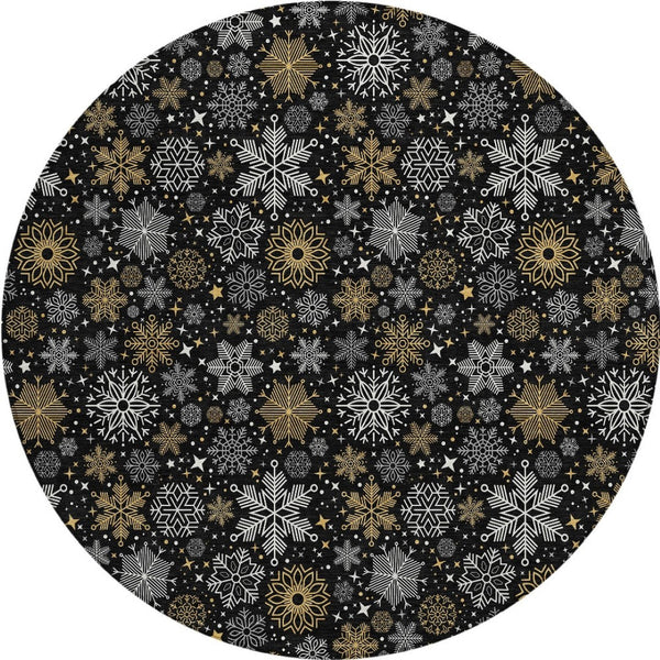 HomeRoots 8' Stylish Black Gold Gray Round Snowflake Washable Area Rug for Indoor & Outdoor Spaces 621612
