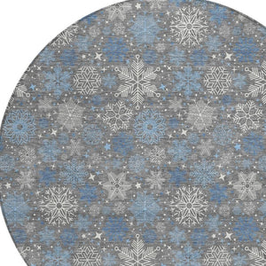 HomeRoots 8' Gray Blue And Ivory Round Snowflake Rug - Durable, Washable, Stylish for Indoor & Outdoor Spaces 621624