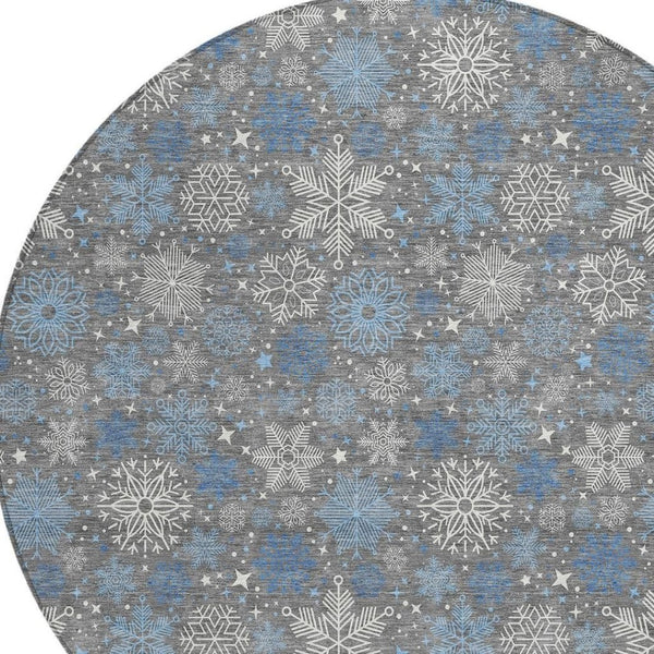 HomeRoots 8' Gray Blue And Ivory Round Snowflake Rug - Durable, Washable, Stylish for Indoor & Outdoor Spaces 621624