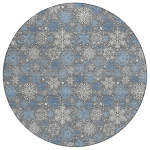 HomeRoots 8' Gray Blue And Ivory Round Snowflake Rug - Durable, Washable, Stylish for Indoor & Outdoor Spaces 621624