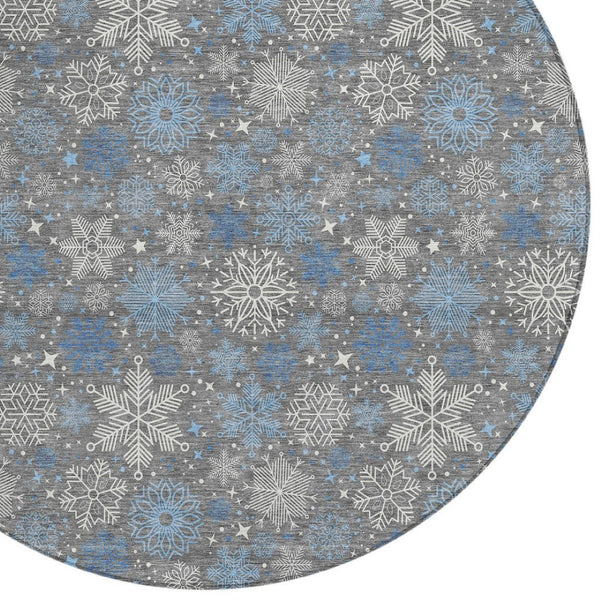HomeRoots 8' Gray Blue And Ivory Round Snowflake Rug - Durable, Washable, Stylish for Indoor & Outdoor Spaces 621624