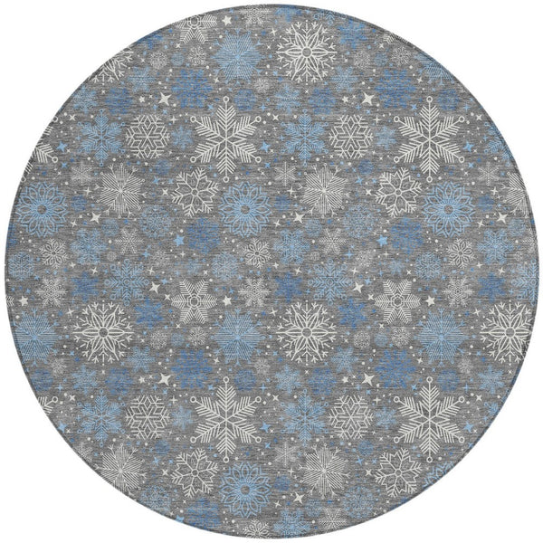 HomeRoots 8' Gray Blue And Ivory Round Snowflake Rug - Durable, Washable, Stylish for Indoor & Outdoor Spaces 621624