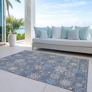 HomeRoots 8' X 10' Stylish Gray Blue and Ivory Snowflake Washable Rug - Durable Indoor/Outdoor Design! 621625