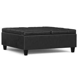 English Elm Harrison Large Square Storage Ottoman Coffee Table with Tufted Vegan Leather, Lift-Top & Seating Distressed Black B136P254706