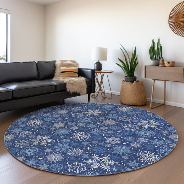 HomeRoots 8' Navy Blue Snowflake Rug - Stylish Indoor/Outdoor Area Rug for Modern Homes, Easy Care & Durable 621636
