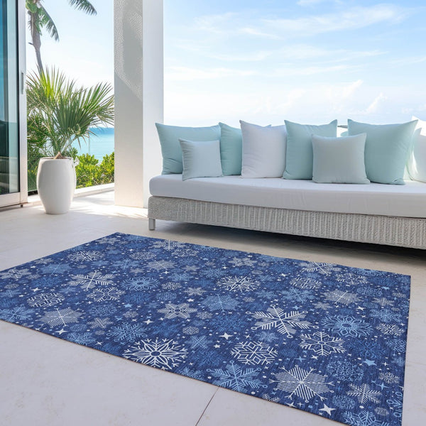 HomeRoots 8' X 10' Snowflake Area Rug - Navy, Ivory & Sky Blue | Washable, Durable, Indoor/Outdoor Design 621637