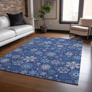HomeRoots 10' Navy Blue Snowflake Indoor Outdoor Area Rug - Washable, Durable, Versatile for Home & Patio Spaces 621639