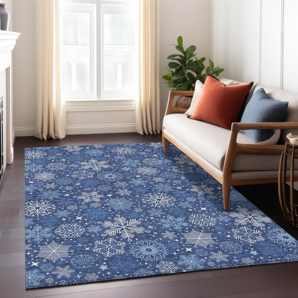 HomeRoots 10' Navy Blue Snowflake Indoor Outdoor Area Rug - Washable, Durable, Versatile for Home & Patio Spaces 621639