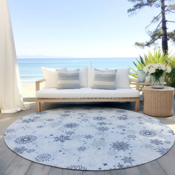 HomeRoots 8' Sky Blue Navy Snowflake Area Rug - Versatile, Washable, Durable Design for Indoor & Outdoor Use 621648