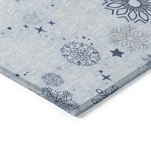 HomeRoots 8' Sky Blue Navy Snowflake Area Rug - Versatile, Washable, Durable Design for Indoor & Outdoor Use 621648