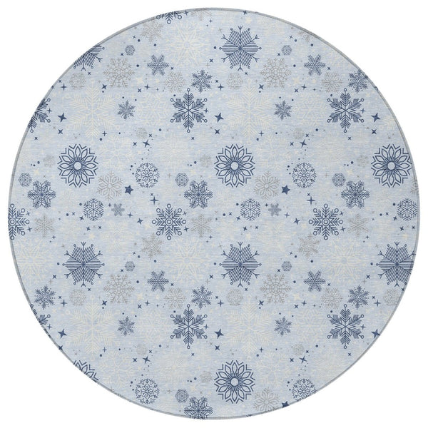 HomeRoots 8' Sky Blue Navy Snowflake Area Rug - Versatile, Washable, Durable Design for Indoor & Outdoor Use 621648