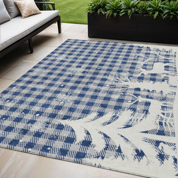 HomeRoots 5' X 8' Blue Ivory & Gray Plaid Washable Area Rug - Durable Indoor/Outdoor Design for All Spaces 621653