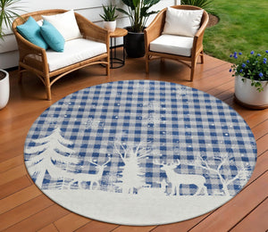 HomeRoots 8' Round Plaid Area Rug in Blue, Ivory & Gray - Stylish, Washable, Durable for Indoor & Outdoor Use 621654
