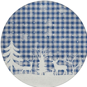 HomeRoots 8' Round Plaid Area Rug in Blue, Ivory & Gray - Stylish, Washable, Durable for Indoor & Outdoor Use 621654