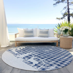 HomeRoots 8' Round Plaid Area Rug in Blue, Ivory & Gray - Stylish, Washable, Durable for Indoor & Outdoor Use 621654