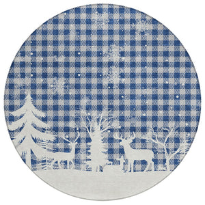 HomeRoots 8' Round Plaid Area Rug in Blue, Ivory & Gray - Stylish, Washable, Durable for Indoor & Outdoor Use 621654